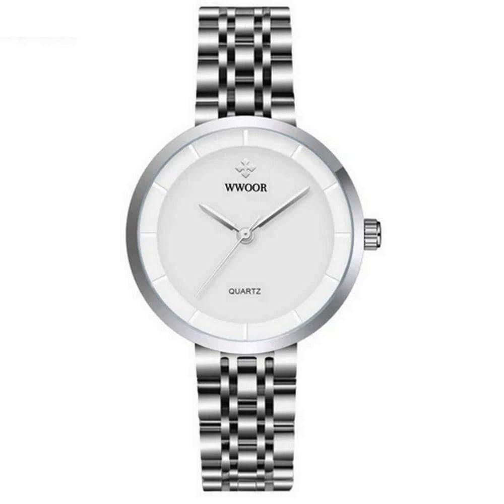 Relógio Feminino De Quartzo Minimalista Pulseira De Aço Inoxidável A Prova D´agua Branco Prata