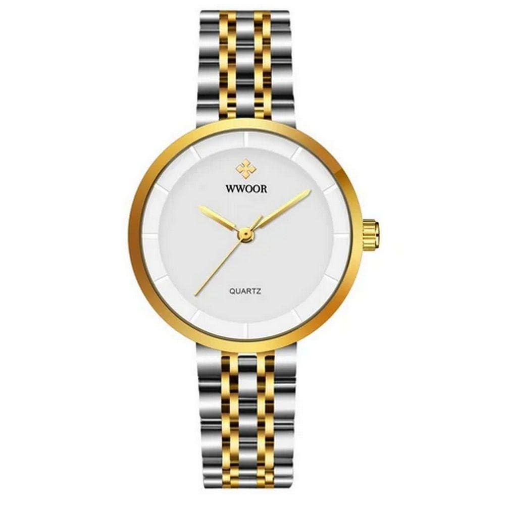 Relógio Feminino De Quartzo Minimalista Pulseira De Aço Inoxidável A Prova D´agua Branco Dourado