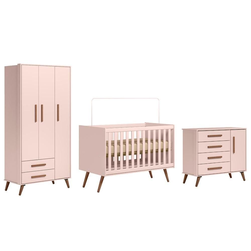 Quarto Infantil 3 Peças Com Berço Retrô Rosa - Qmovi