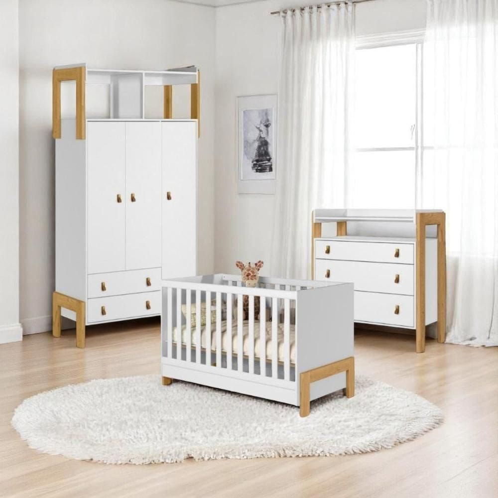 Berço Fantasia Branco Acetinado + Cômoda 3g C/nicho + Guarda-roupa 3p/2g C/nicho Fantasia