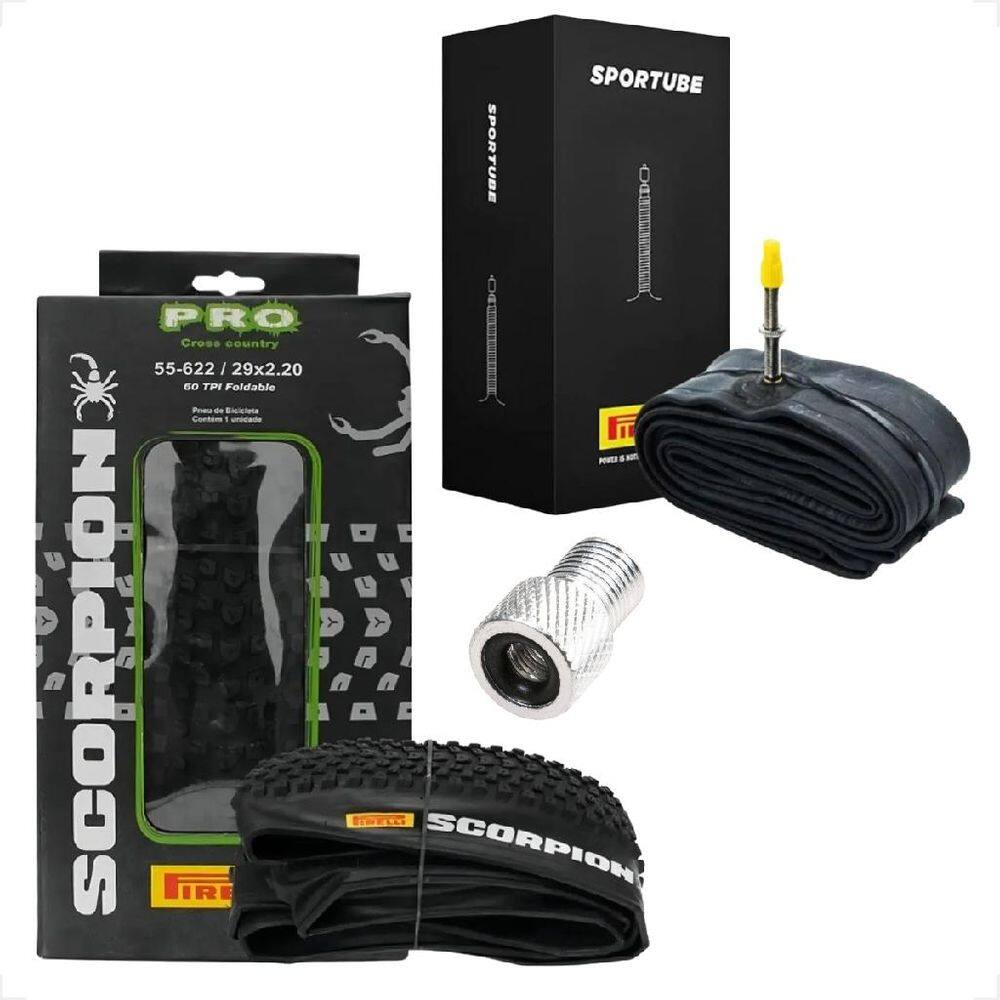 Pneu Pirelli Scorpion Aro 29 x 2.20 Kevlar Sem arame Cravudo Mtb + Camara Pirelli Bico fino + Adaptador valvula