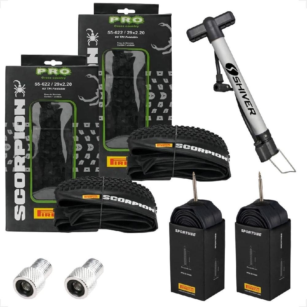 Par Pneu Pirelli Scorpion Aro 29 x 2.20 Kevlar Cravudo Mtb + Par Camara Pirelli + Bombinha Adaptador