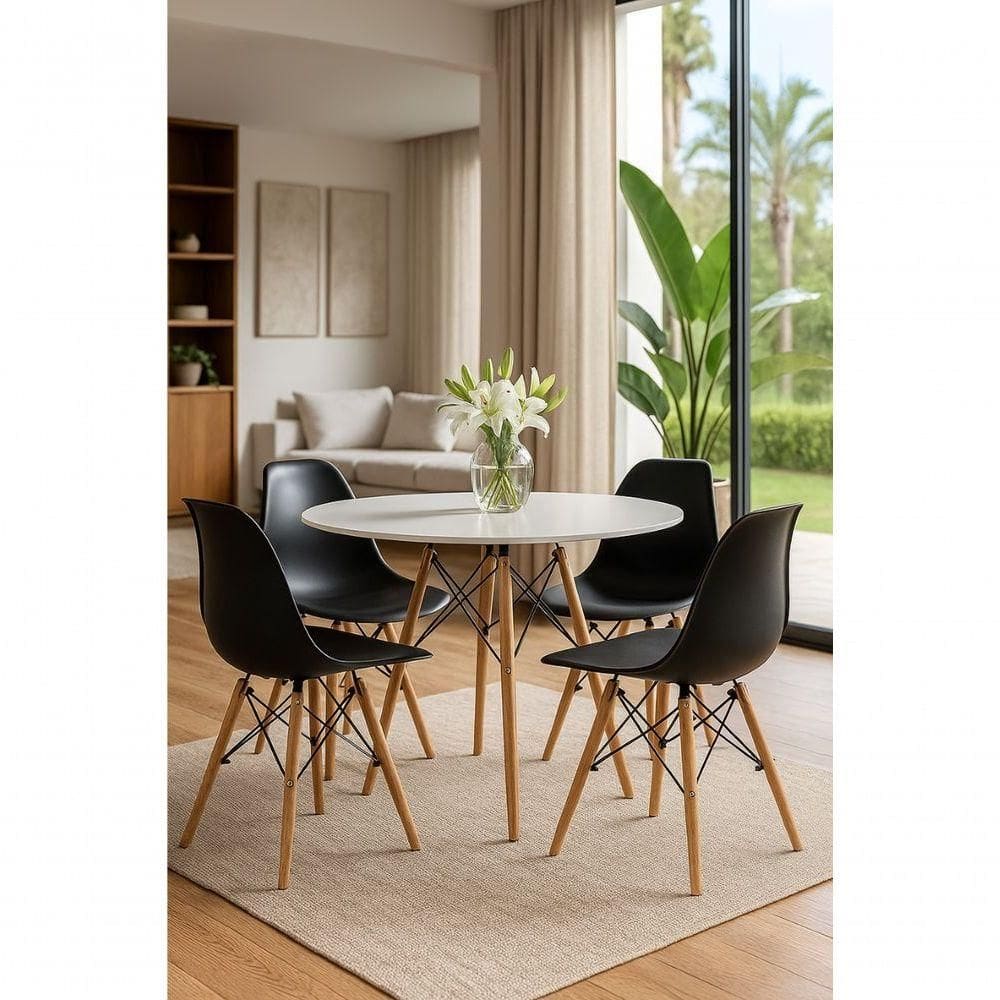 Jogo Mesa Sala Cozinha Jantar Redonda Eiffel 80cm Elegante Branca Mdf Com 4 Cadeiras Charles Eames Pretas