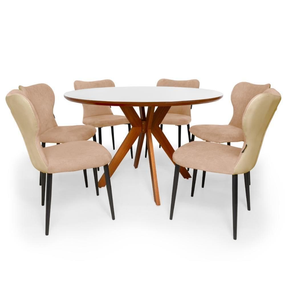 Conjunto Mesa De Jantar Redonda Marci Premium 120cm Branca Com 6 Cadeiras Jacobsen - Bege