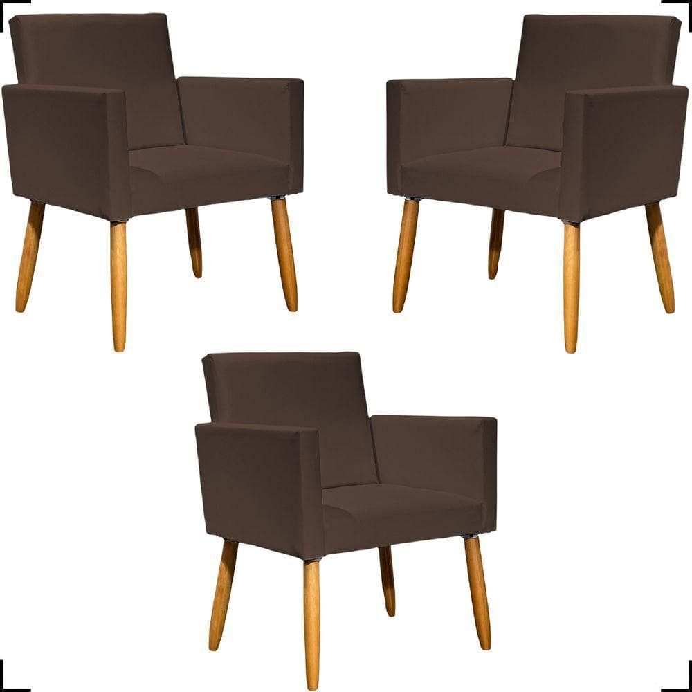 Kit 3 Poltronas Decorativa Para Sala Recepção Consultório Nina Corino Cores Pé Palito 30 Cm Castanho