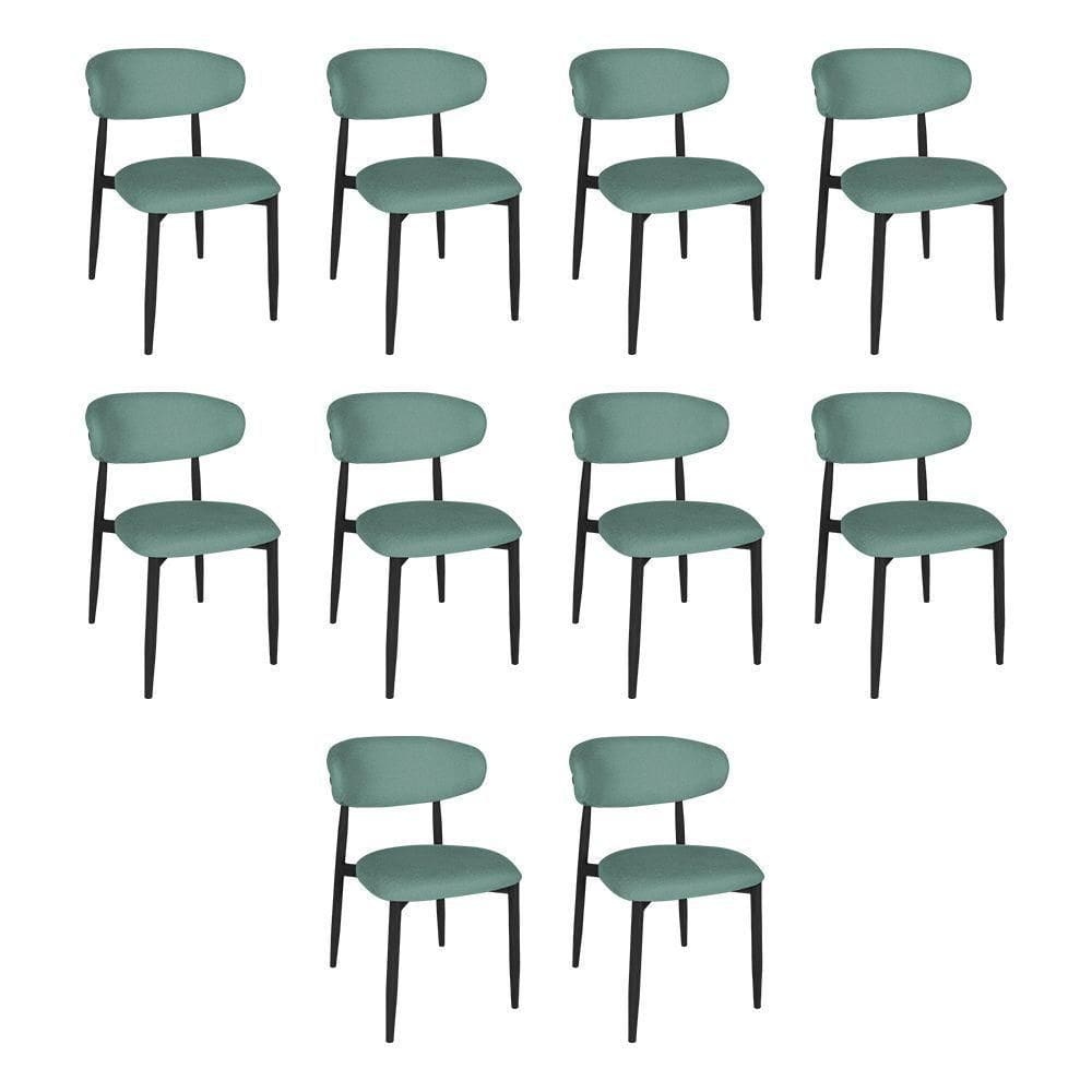 Kit 10 Cadeiras De Jantar Lucy Estrutura Aço Carbono Laminado Preto Com Estofado Linho Verde