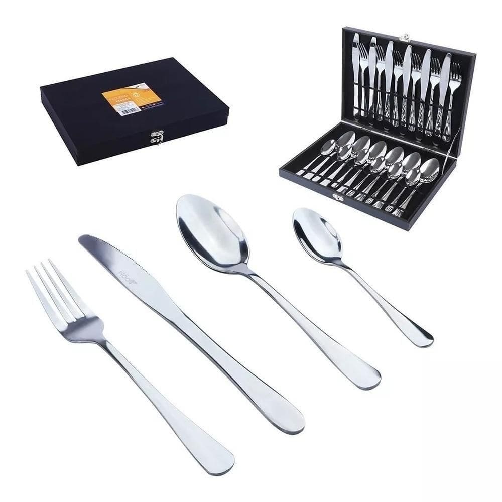 Kit Faqueiro Premium 24 Peças, Conjunto Talheres Inox, Estojo Madeira, Completo E Luxuoso.