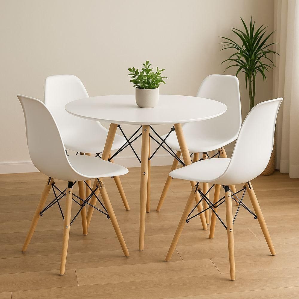 Jogo Mesa Cozinha Jantar Sala Eames Eiffel 90cm E 4 Cadeiras Eames Eiffel Moderna Branca