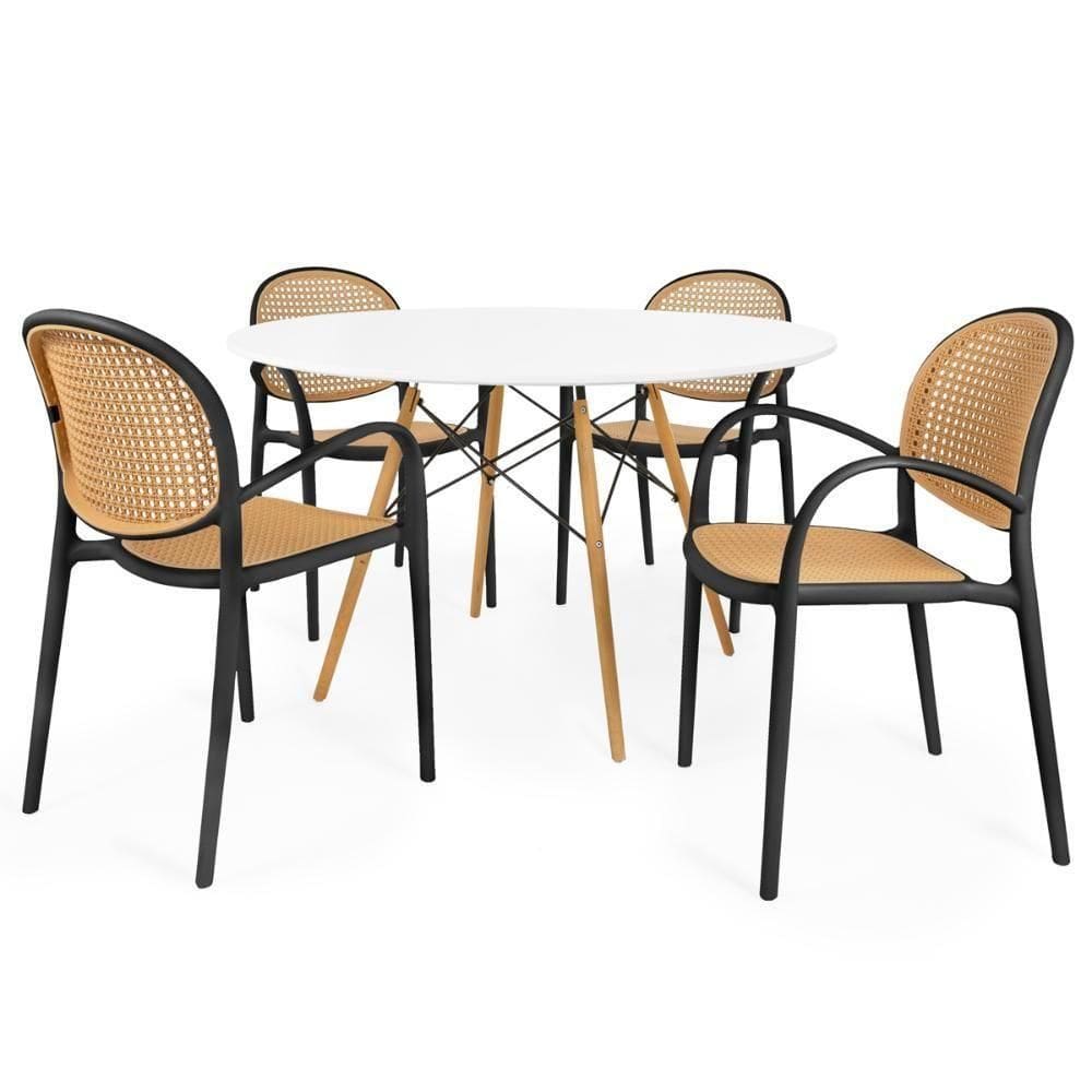 Conjunto Mesa De Jantar Redonda Eiffel Branca 120cm Com 4 Cadeiras Roma Com Braço - Preto