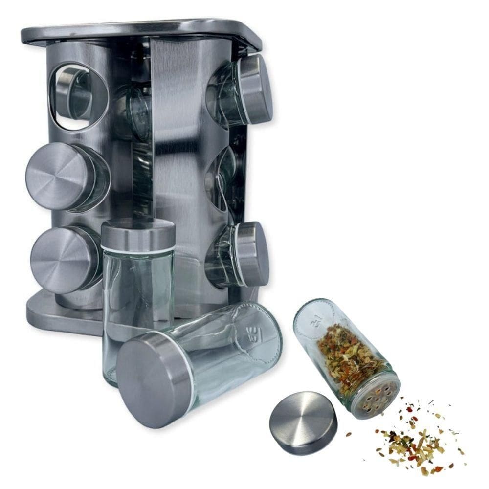 Porta Tempero Luxo Giratório Inox Com 12 Potinhos Vidro