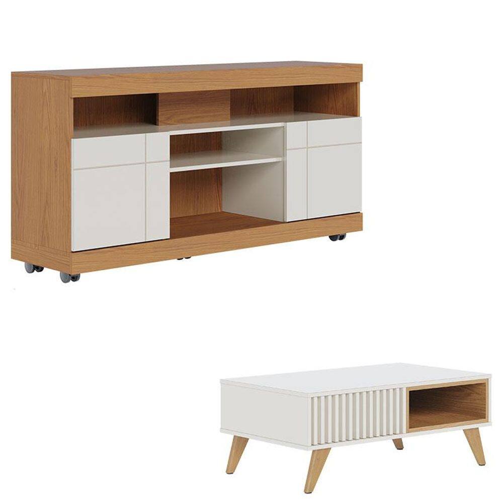 Rack Bancada Yara Freijó Off White com Mesa de Centro Jeri Off White Freijó - Colibri