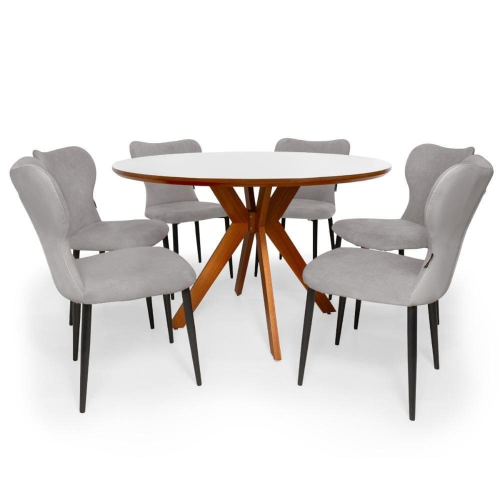 Conjunto Mesa De Jantar Redonda Marci Premium 120cm Branca Com 6 Cadeiras Jacobsen - Cinza