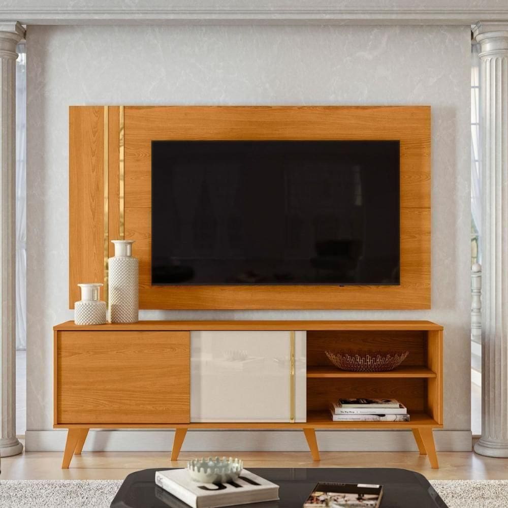 Conjunto Chronos Rack 2 Portas Com Painel Cinamomo/off-white Com Rack E Painel