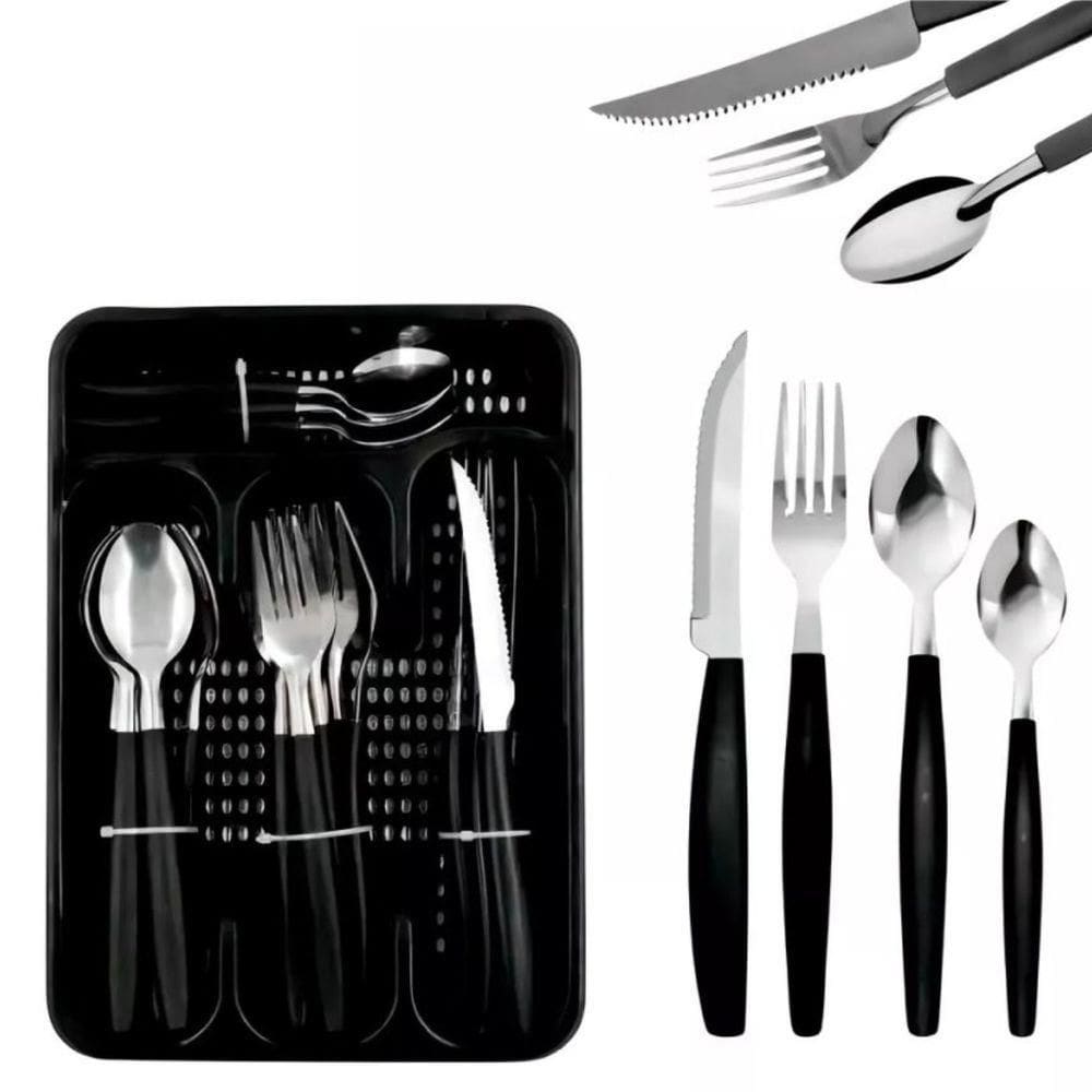 Faqueiro Aço Inox 25 Peças Preto Resistente Com Organizador