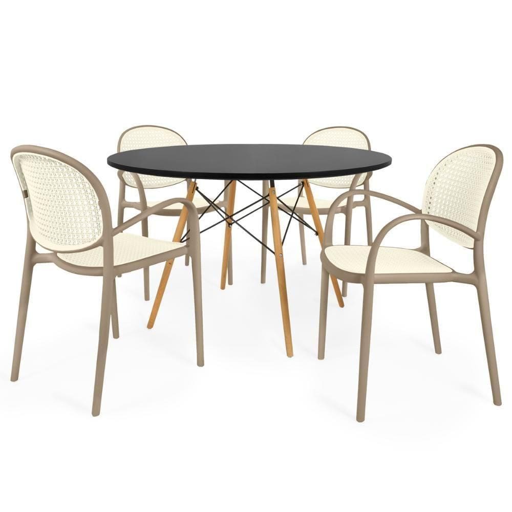 Conjunto Mesa De Jantar Redonda Eiffel Preta 120cm Com 4 Cadeiras Roma Com Braço - Branco/cinza Escuro