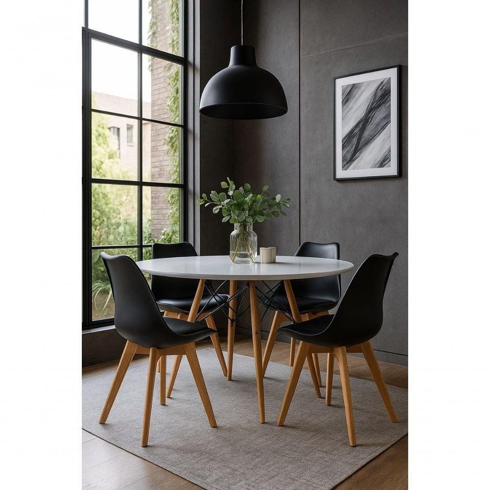 Conjunto Moderno Mesa 100cm Eames Eiffel Mdf Com 4 Cadeiras Leda Wood Elegante Cor Preto