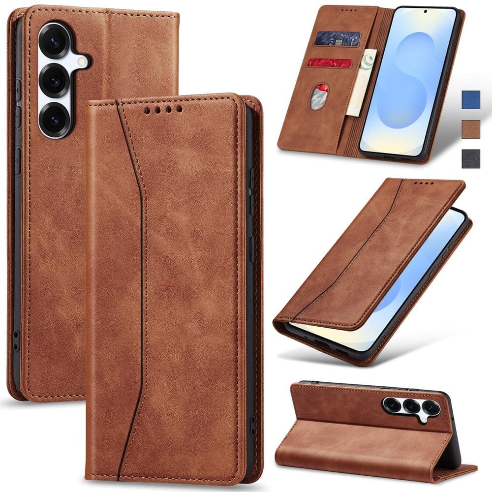 Capa tipo carteira flip Jasonyu para Samsung Galaxy S25 em couro marrom