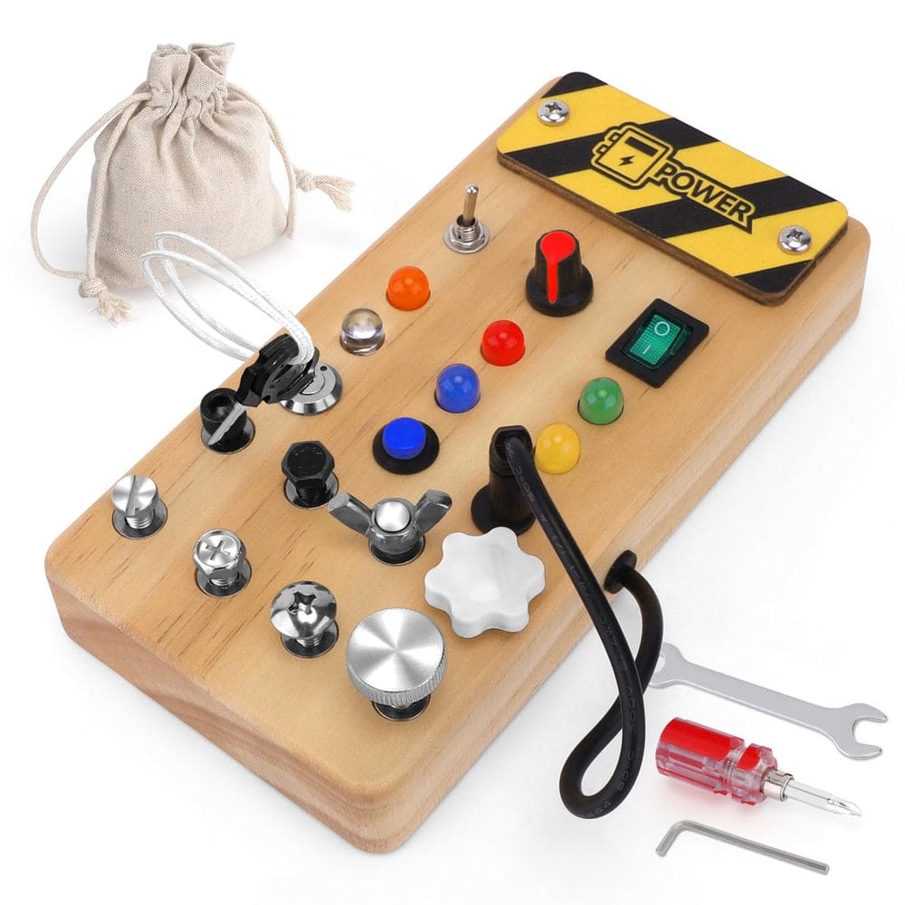 Montessori Busy Board WakeInsa com luz LED e conjunto de ferramentas