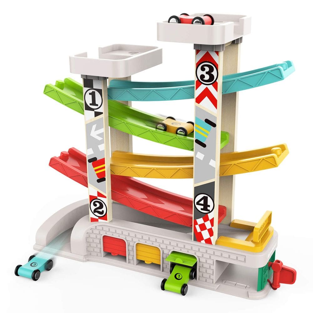 Brinquedo de rampa de carro TOP BRIGHT para crianças de 2 a 3 anos com 4 carros de madeira