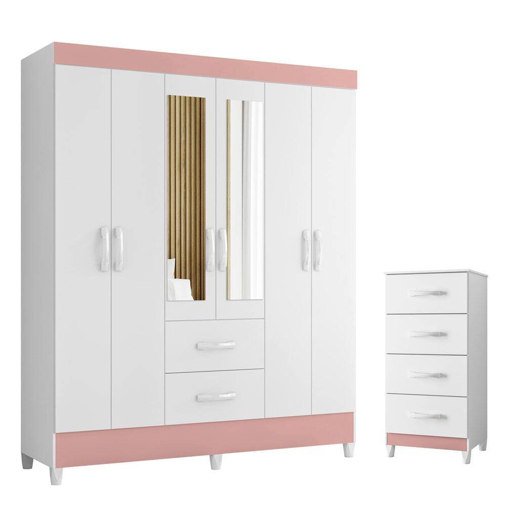 Quarto Completo Casal Guarda Roupa 6 Portas Com Espelho e Cômoda Mobi