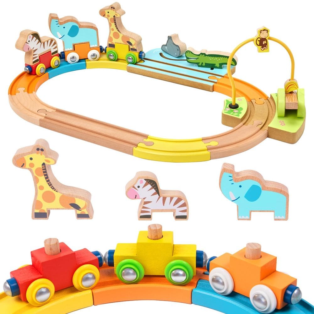 Conjunto de trem Giravo Animal de madeira com trem magnético de 18 m ou mais