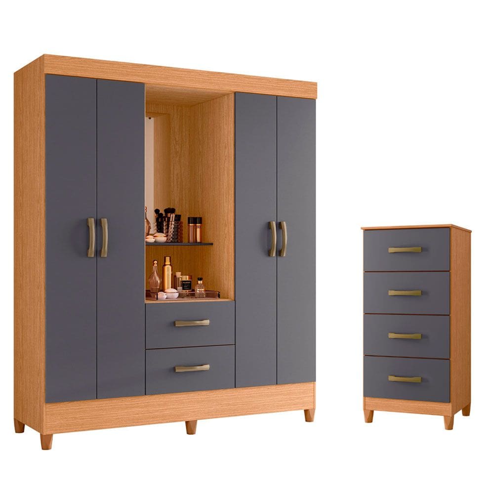 Quarto Completo Guarda Roupa 4 Portas Capela Com Espelho e Cômoda Mobi