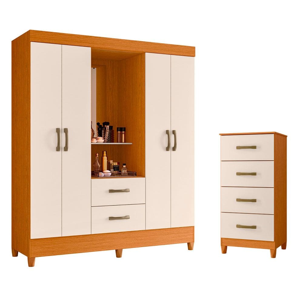 Quarto Completo Guarda Roupa 4 Portas Capela Com Espelho e Cômoda Mobi