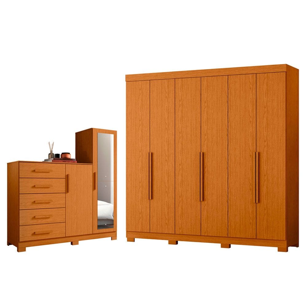 Quarto Completo Guarda Roupa 6 Portas Vinci e Cômoda Sapateira New Master