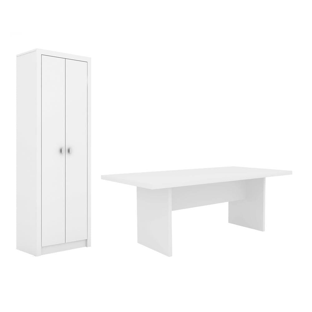 Escritório com Mesa para Computador Simples Com Armário 2 Portas Branco - FdECOR