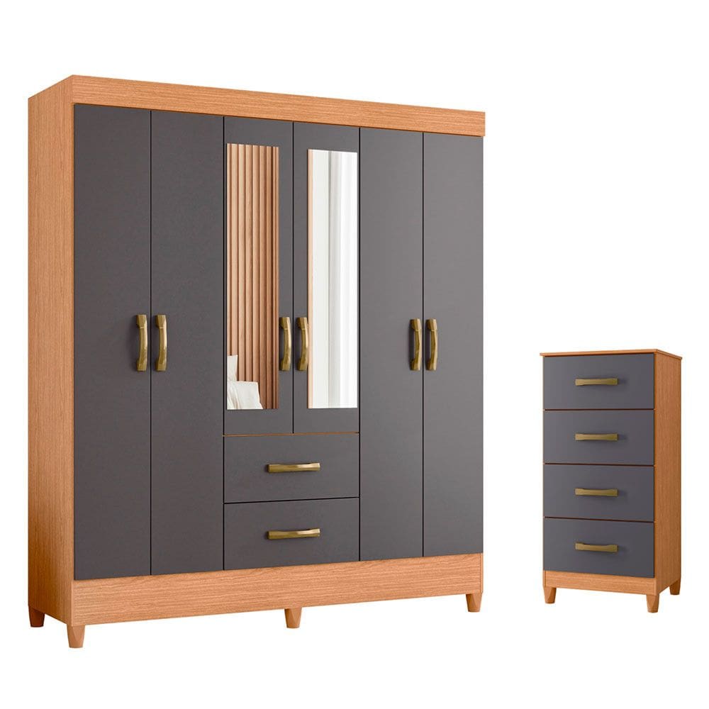 Quarto Completo Casal Guarda Roupa 6 Portas Com Espelho e Cômoda Mobi
