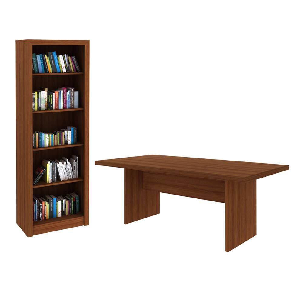 Escritório com Mesa para Computador Simples Com Armário Prateleiras Portas Amendoa - FdECOR