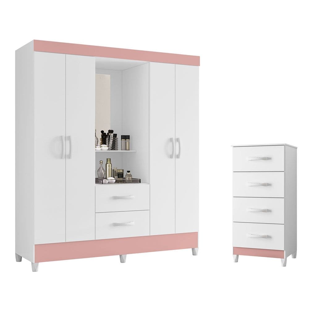 Quarto Completo Guarda Roupa 4 Portas Capela Com Espelho e Cômoda Mobi