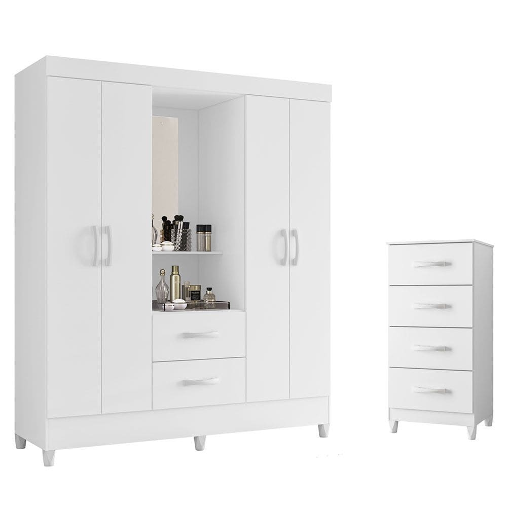 Quarto Completo Guarda Roupa 4 Portas Capela Com Espelho e Cômoda Mobi