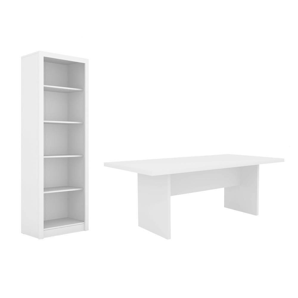 Escritório com Mesa para Computador Simples Com Armário Prateleiras Portas Branco - FdECOR