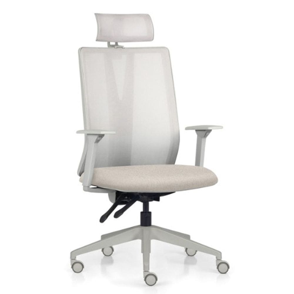 Cadeira Escritório Giratória Presidente Flow F02 Base Cinza Linho Bege Claro - Lyam Decor