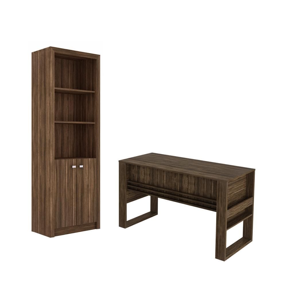 Escritório com Mesa para Computador Simples Chave Com Armário Pareteleira 2 Portas Nogal - FdECOR