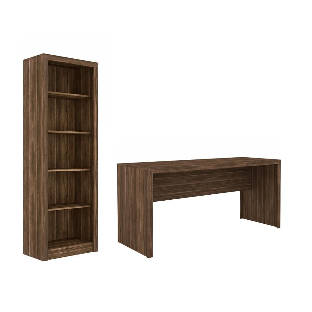 Escritório com Mesa para Computador Simples Gavetas e Armário Nogal - FdECOR