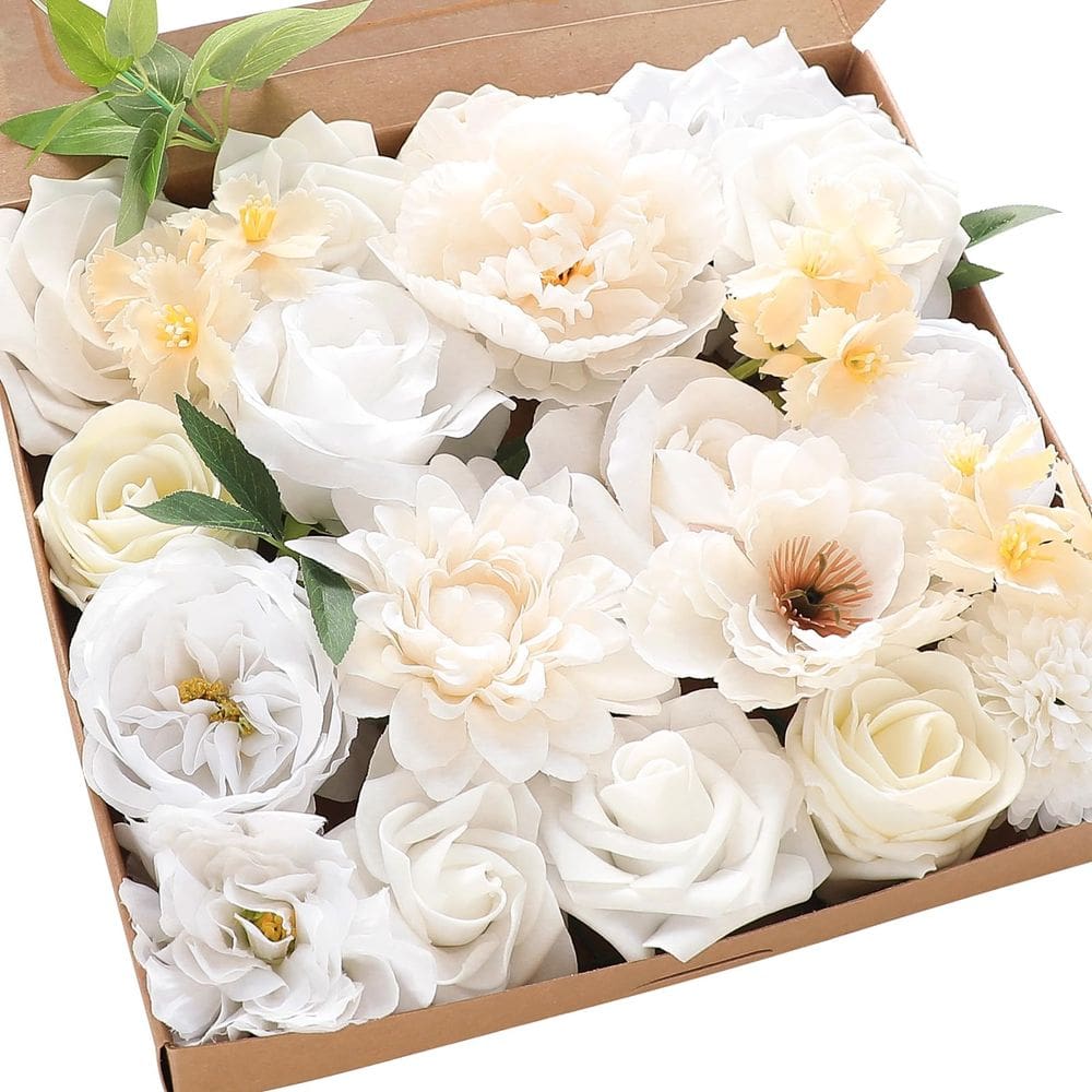 Conjunto de flores artificiais Floroom Cream White Roses Peonies