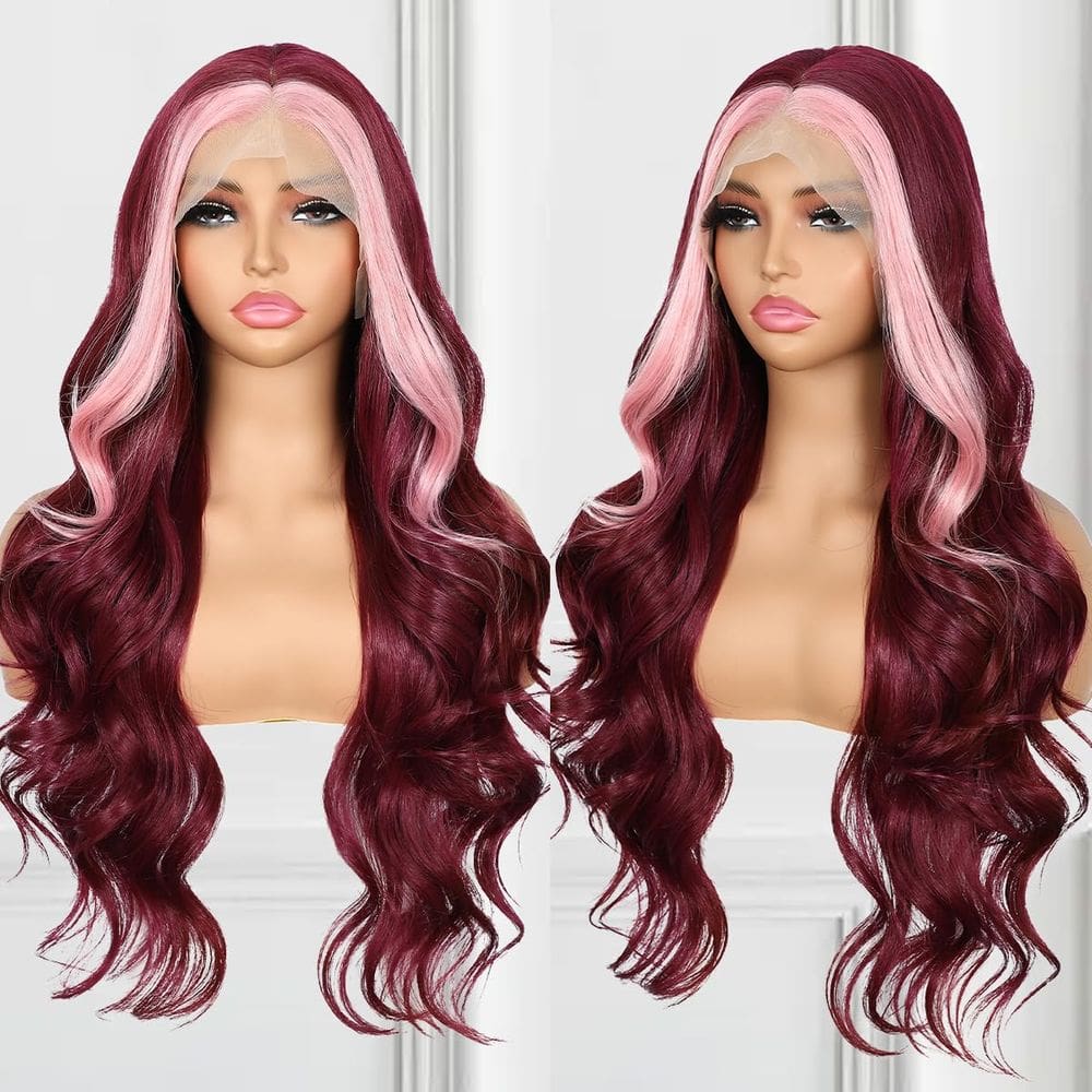Peruca frontal de renda sintética BABEHERS Burgundy 66cm Body Wave