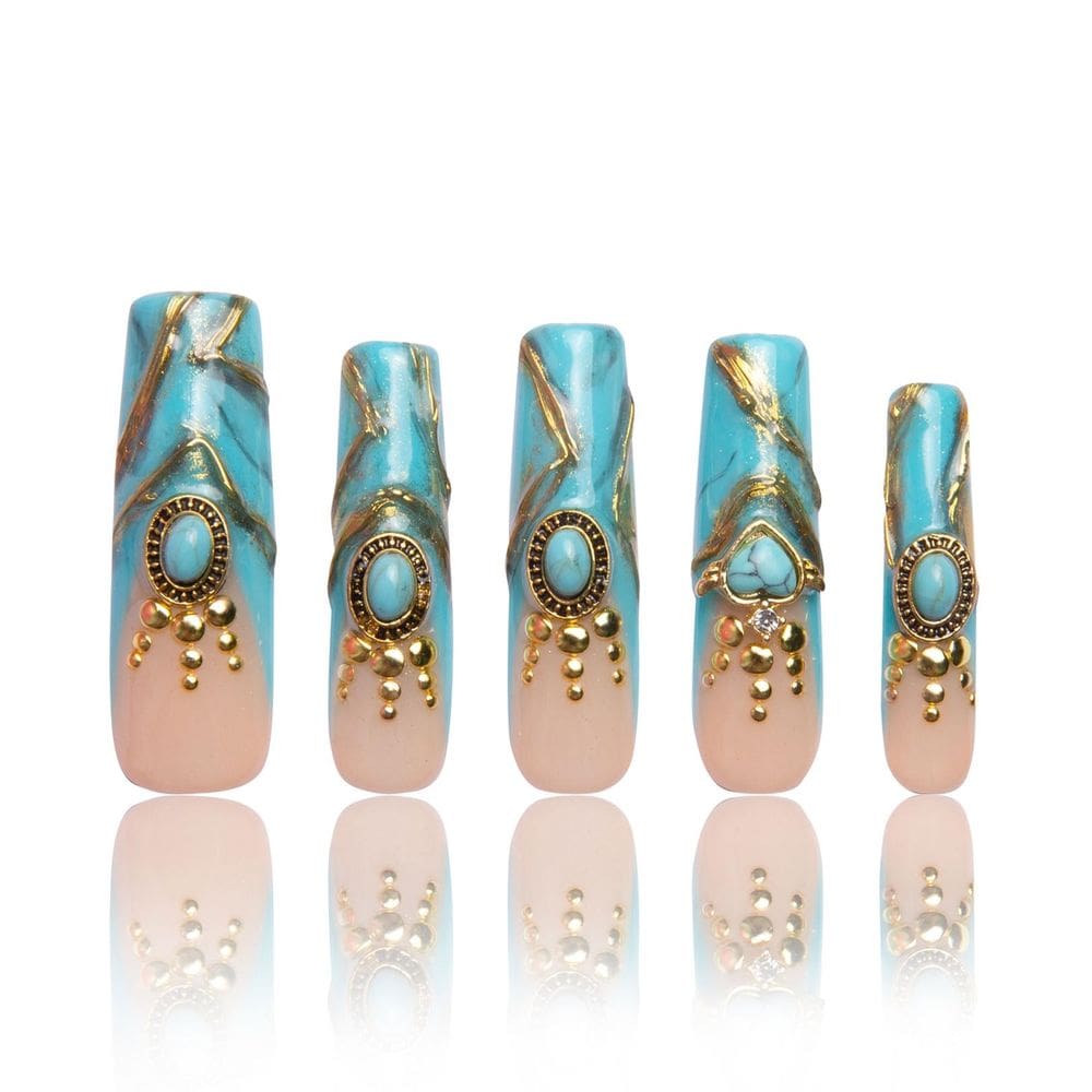 Pressione as unhas LOVFUL, azul turquesa, ponta francesa com cristais