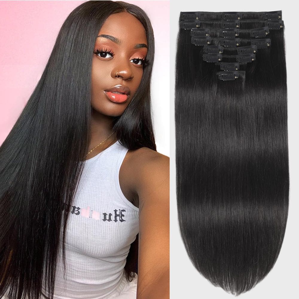 Extensões de cabelo FZV Natural Black 60 cm 125 g 8 unidades Clip in