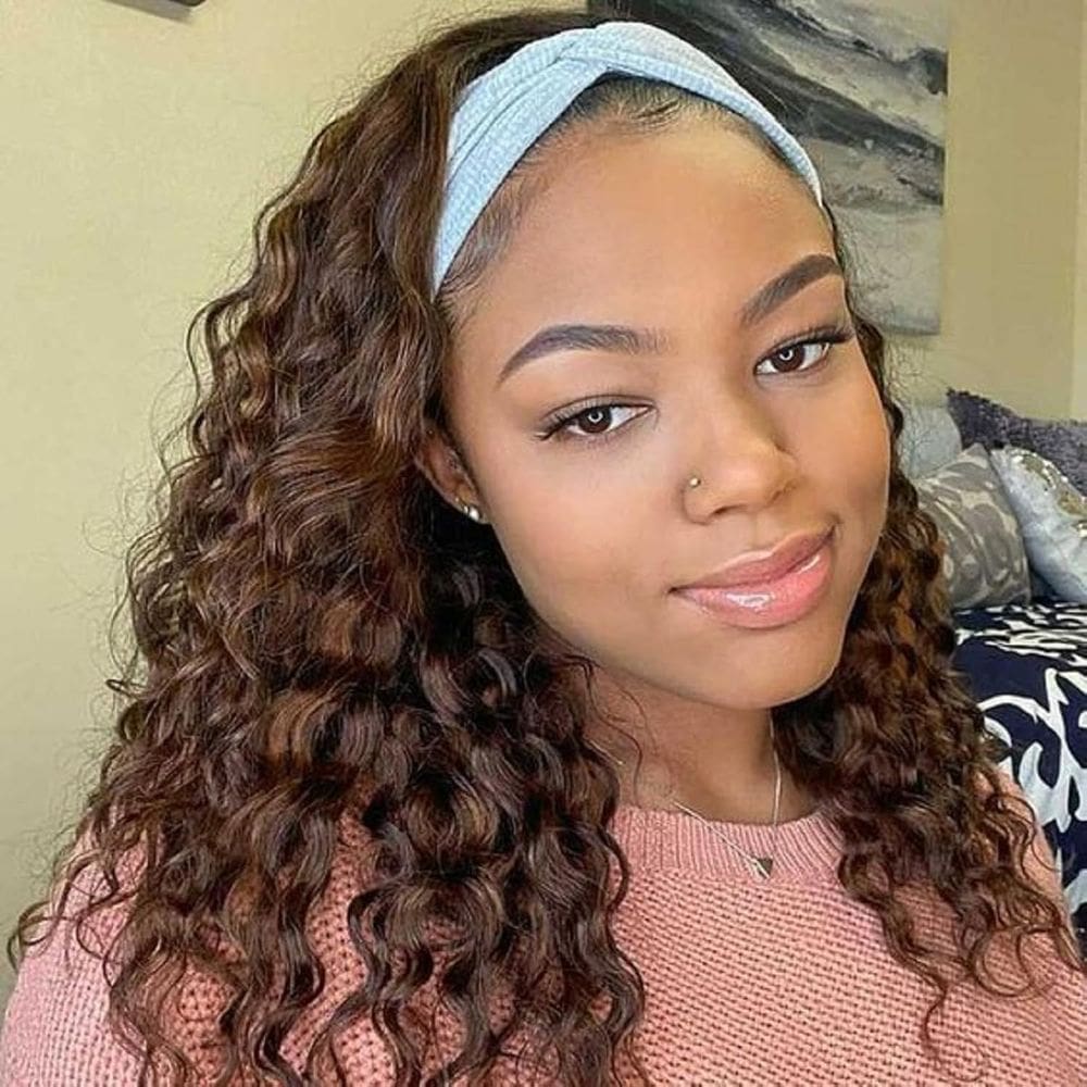 Peruca com bandana Lauberita Chocolate Brown Human Hair 30cm Deep Wave