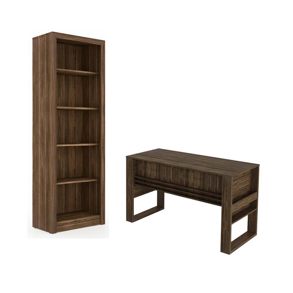 Escritório com Mesa para Computador Simples Com Armário Prateleiras Portas Nogal - FdECOR