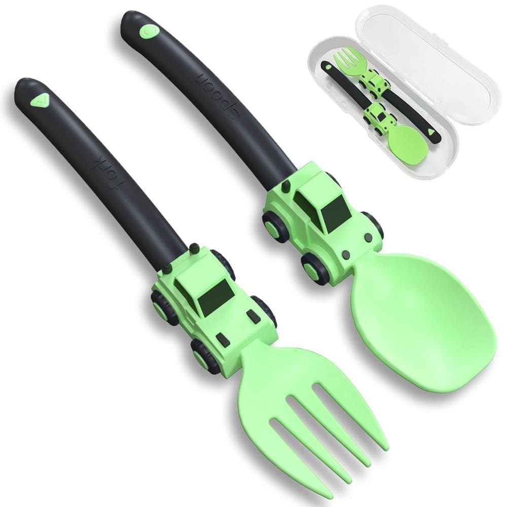 Utensílios para crianças Deinyi Construction Garfos e colheres verdes
