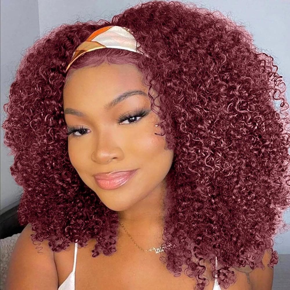 Peruca com bandana XSY 99J Burgundy Kinky Curly Human Hair 14"