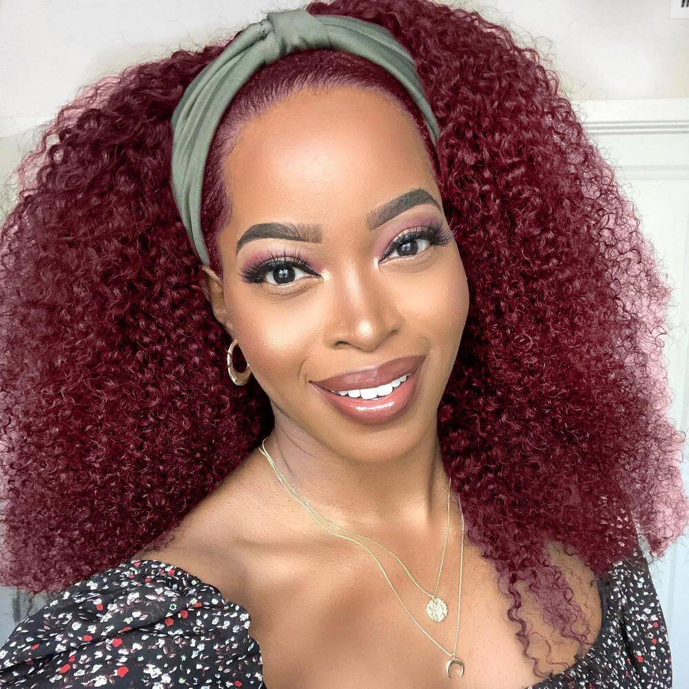Peruca com bandana XSY 99J Burgundy Kinky Curly Human Hair 18"