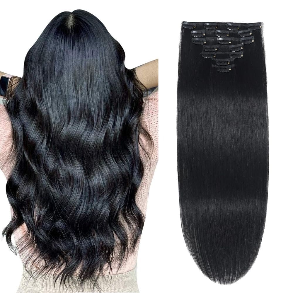 Extensões de cabelo Clip in Gampacy Real Human Hair 40 cm Jet Black