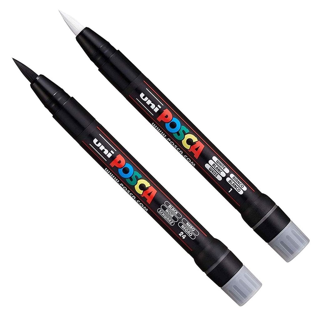 Conjunto de caneta artística Paint Marker Uni Posca PCF-350 com ponta de pincel em preto e branco