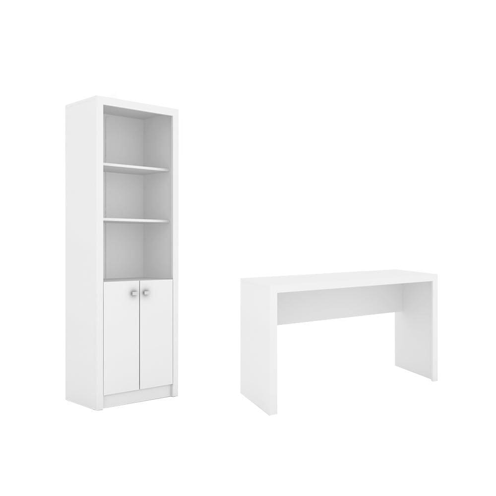 Escritório com Mesa para Computador Simples Com Armário Pareteleira 2 Portas Branco - FdECOR