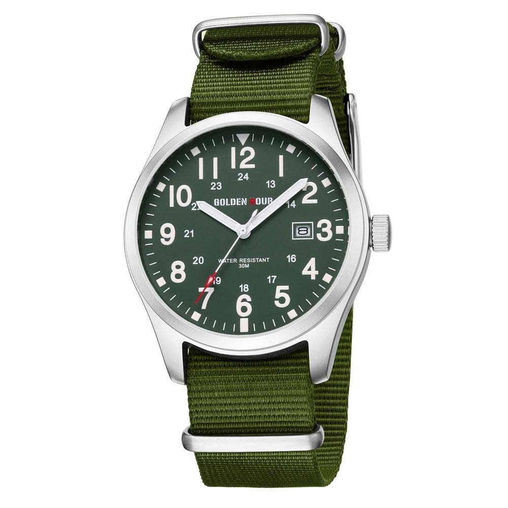 Relógio masculino GOLDEN HOUR com alça deslizante de nylon prateada verde